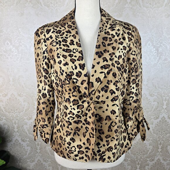 Allison Taylor Size 6 100% Silk Leopard Print Blazer ¾ Sleeve Ties at Cuffs - Picture 1 of 12